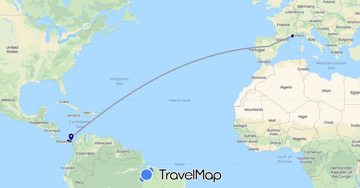 TravelMap itinerary: driving, plane in Spain, France, Panama (Europe, North America)